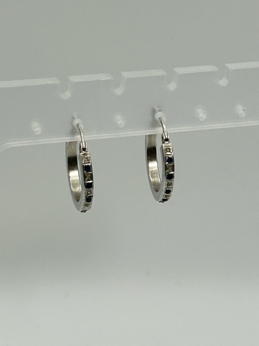 Sterling Silver Hoop Earrings Blue & Clear Crystals 1" Stamped 925 SLC - Picture 2 of 10